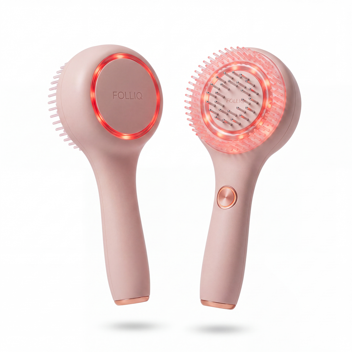 The Folliq massager shown from both sides: the lit red LED ring on the back, the light-guide bristles on the front