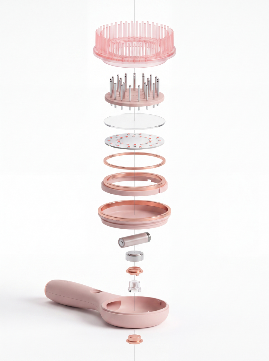 Exploded view of the Folliq massager: LED ring, light-guide bristles, serum cartridge, battery and magnetic base