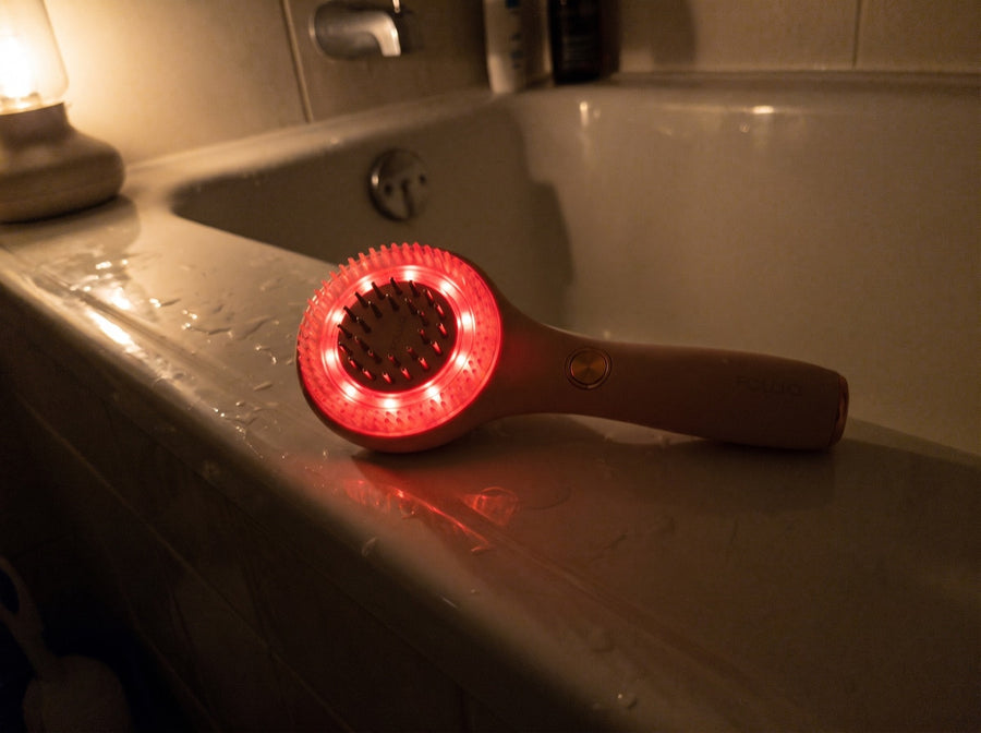 The massager on the edge of a bath, light on
