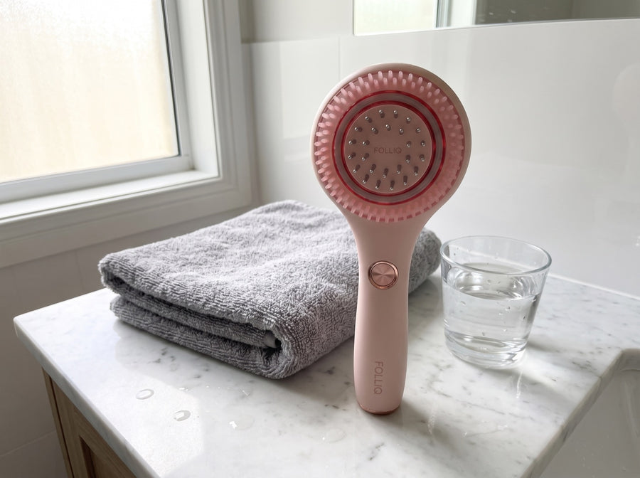 The massager upright on a marble vanity beside a folded towel