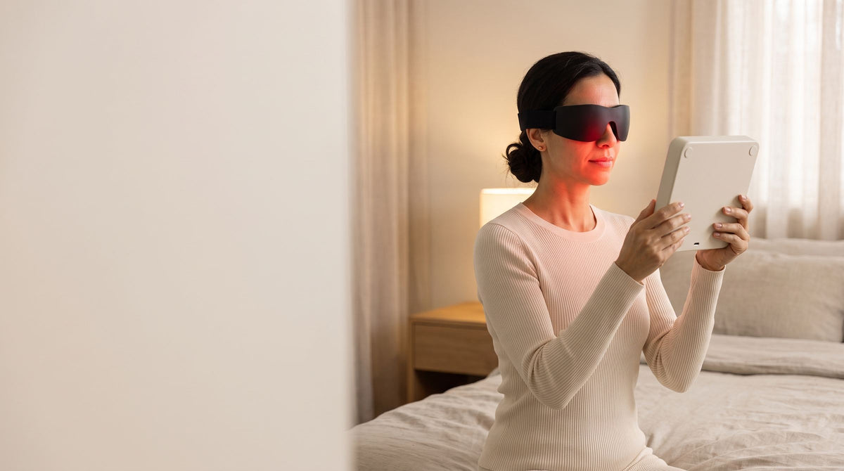Woman in protective goggles, eyes closed, holding the red-lit Folliq Portable Face Panel about 15 cm from her face, in a bedroom in the evening