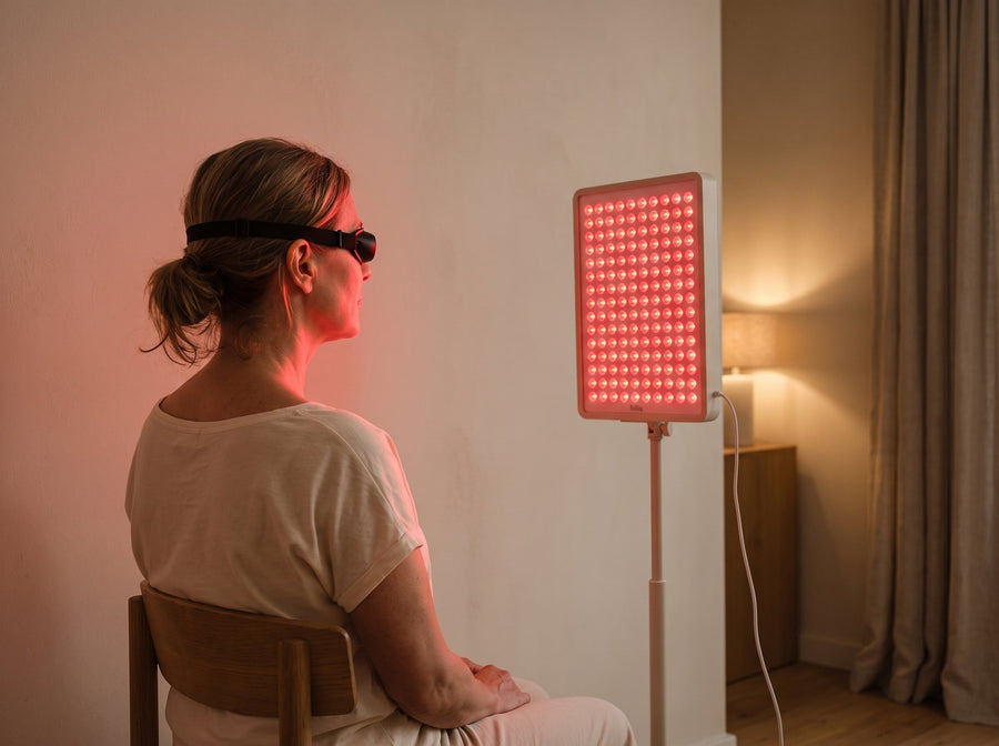 Woman seated at the Folliq Panel on its stand, wearing the included goggles