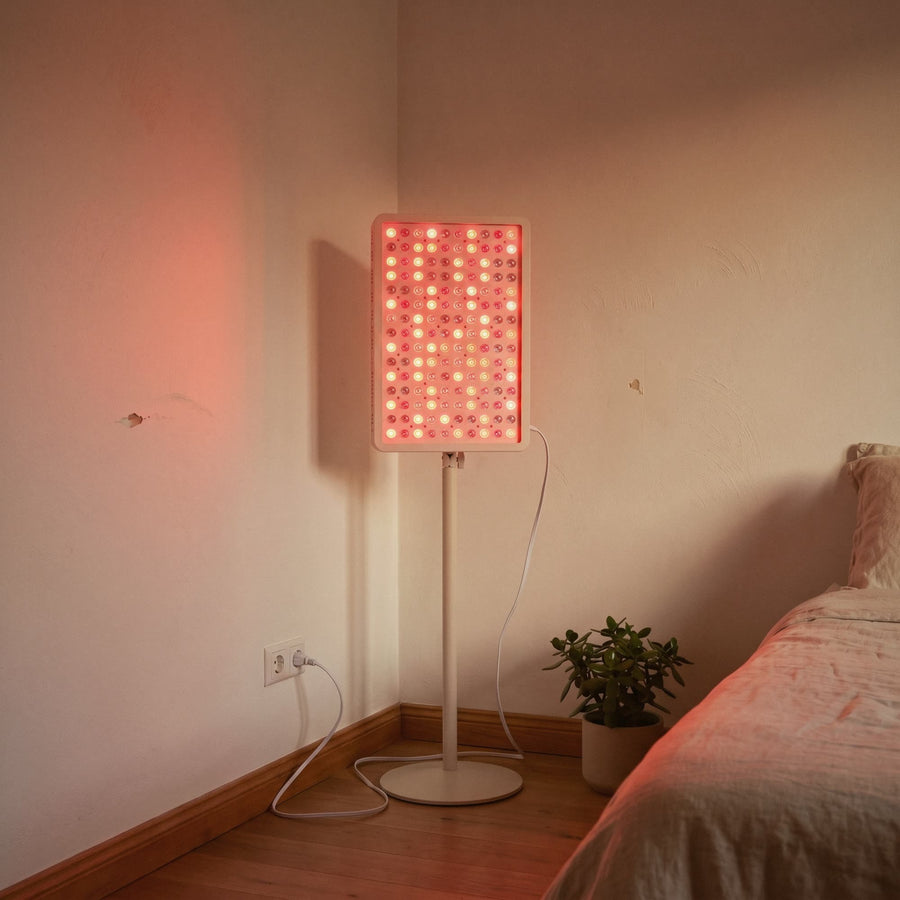 Folliq Red Light Therapy Panel switched on in a calm room