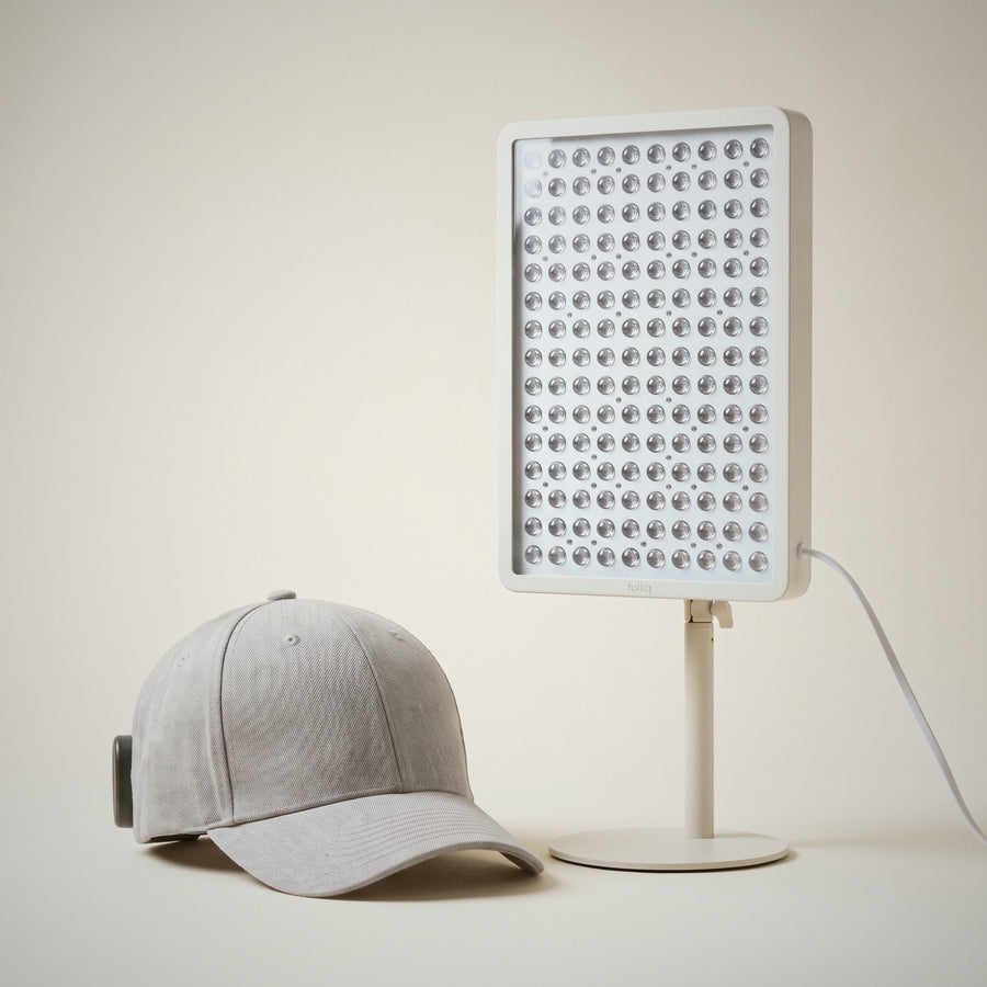 What's in the Skin + Scalp set: the Panel set plus the Folliq Red Light Cap and a second pair of goggles