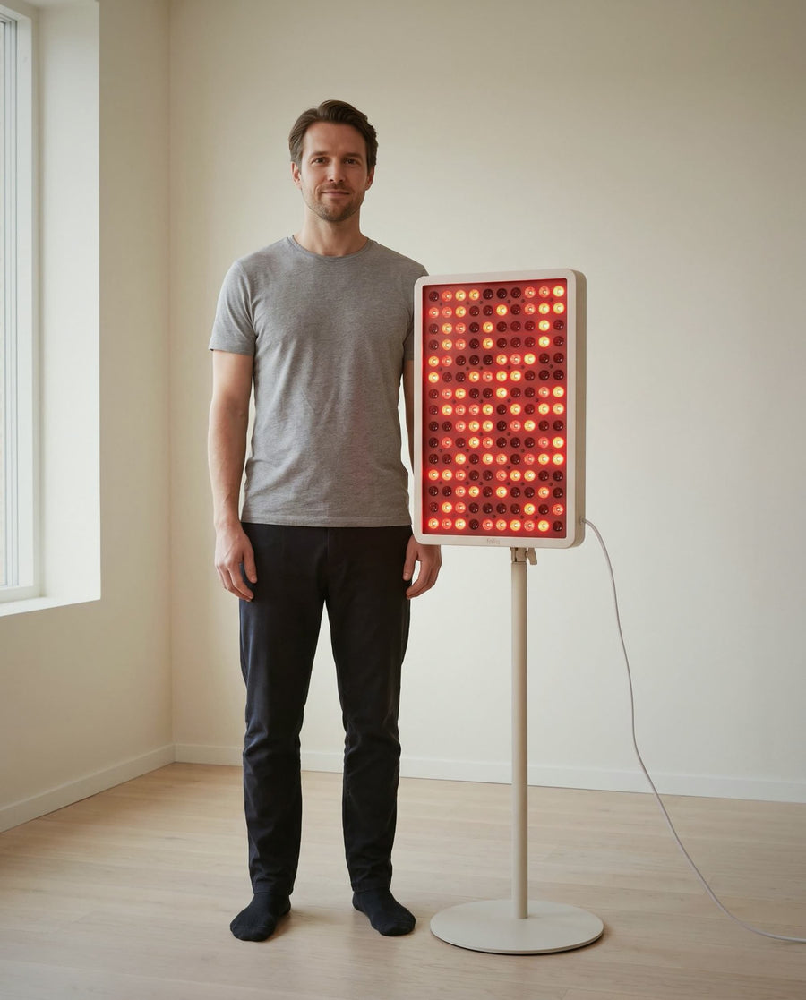 Folliq Red Light Therapy Panel next to a person, approximate size (illustration)