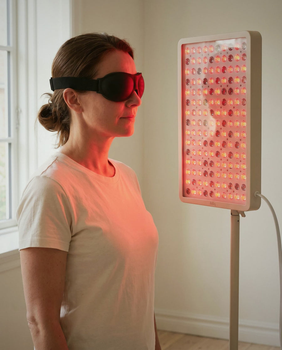 Folliq Red Light Therapy Panel in use at about 30 cm, goggles on