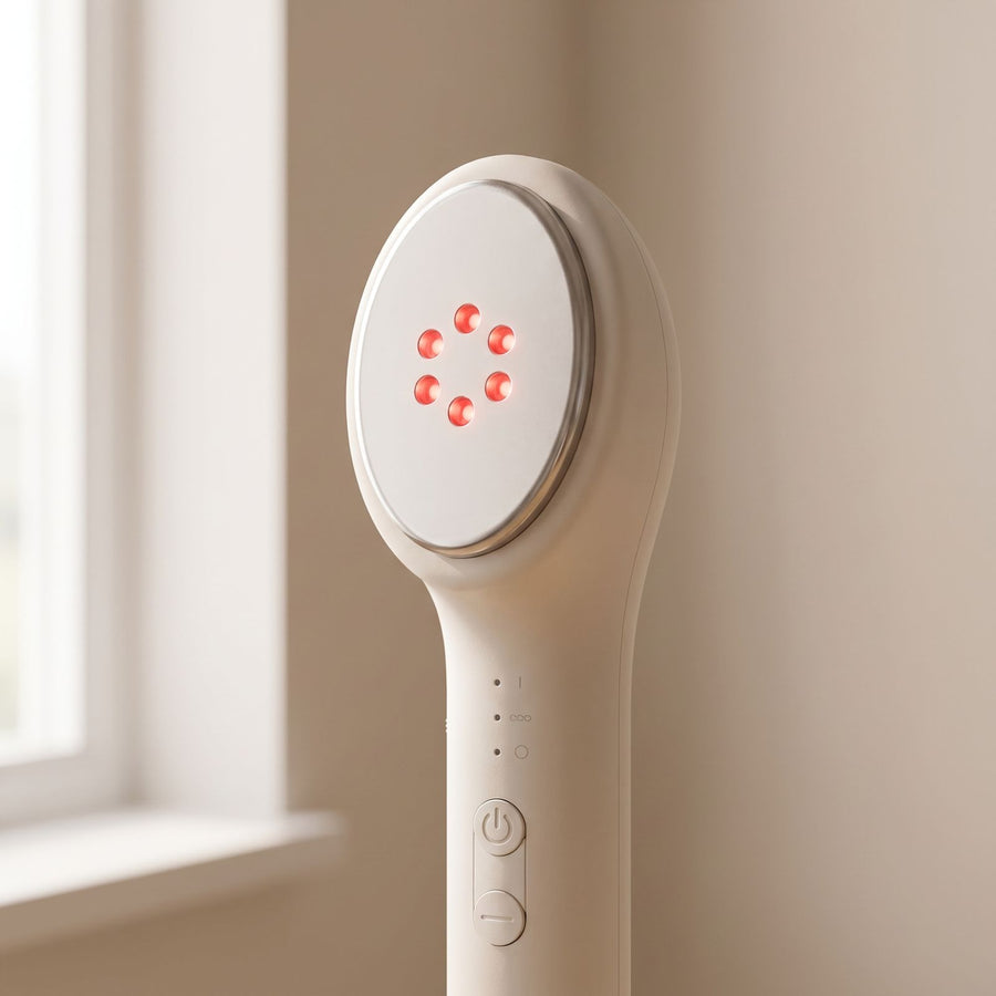Primer plano del cabezal de la Folliq LED Face Wand: LED y electrodos sobre una superficie lisa