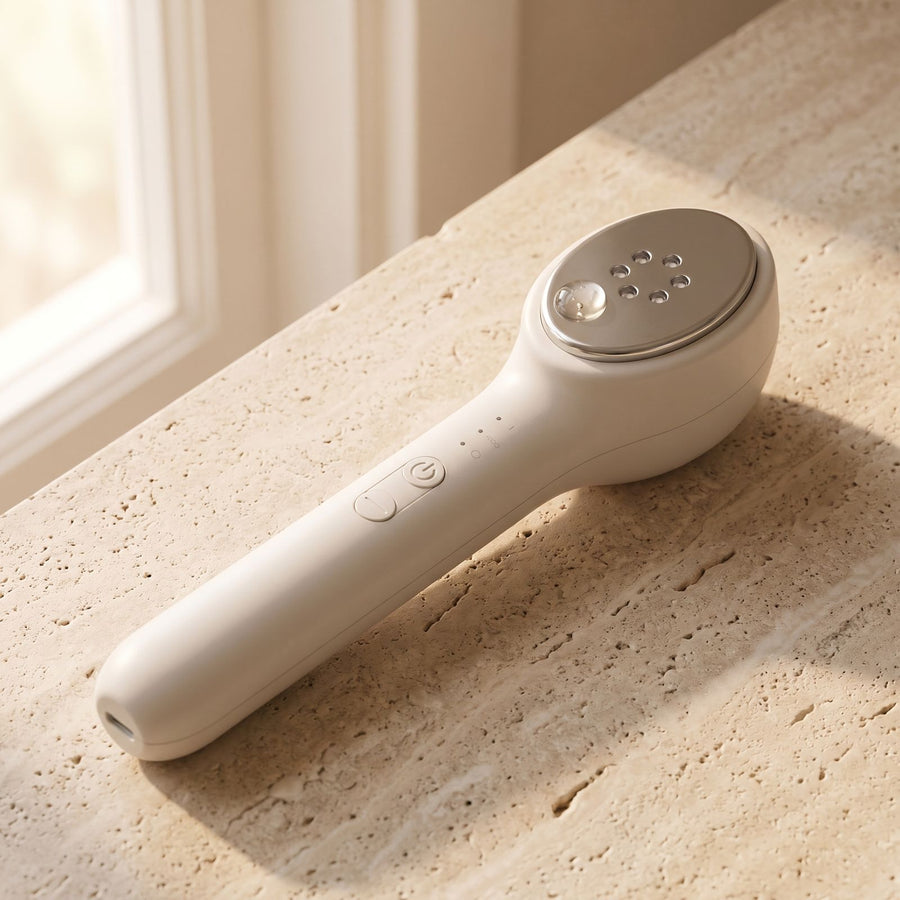 Cabezal de la Folliq LED Face Wand con sus electrodos sobre una capa de gel conductor