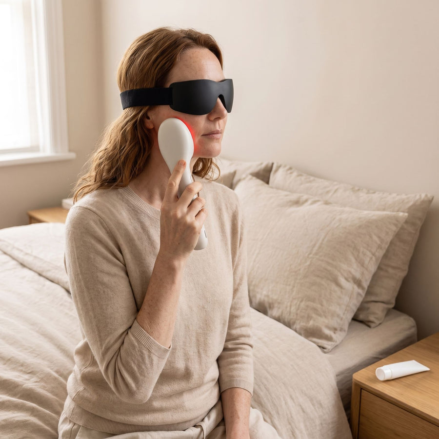 Mujer con gafas de protección sostiene la Folliq LED Face Wand sobre la mejilla, luz roja encendida, gel conductor en la mesita de noche